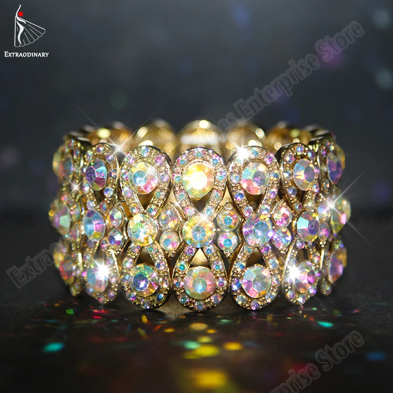 Belly Dance Accessories Gold Silver Women Rhinestone Stretching Bangle Upper Arm Cuff Party Bracelet Jewelry