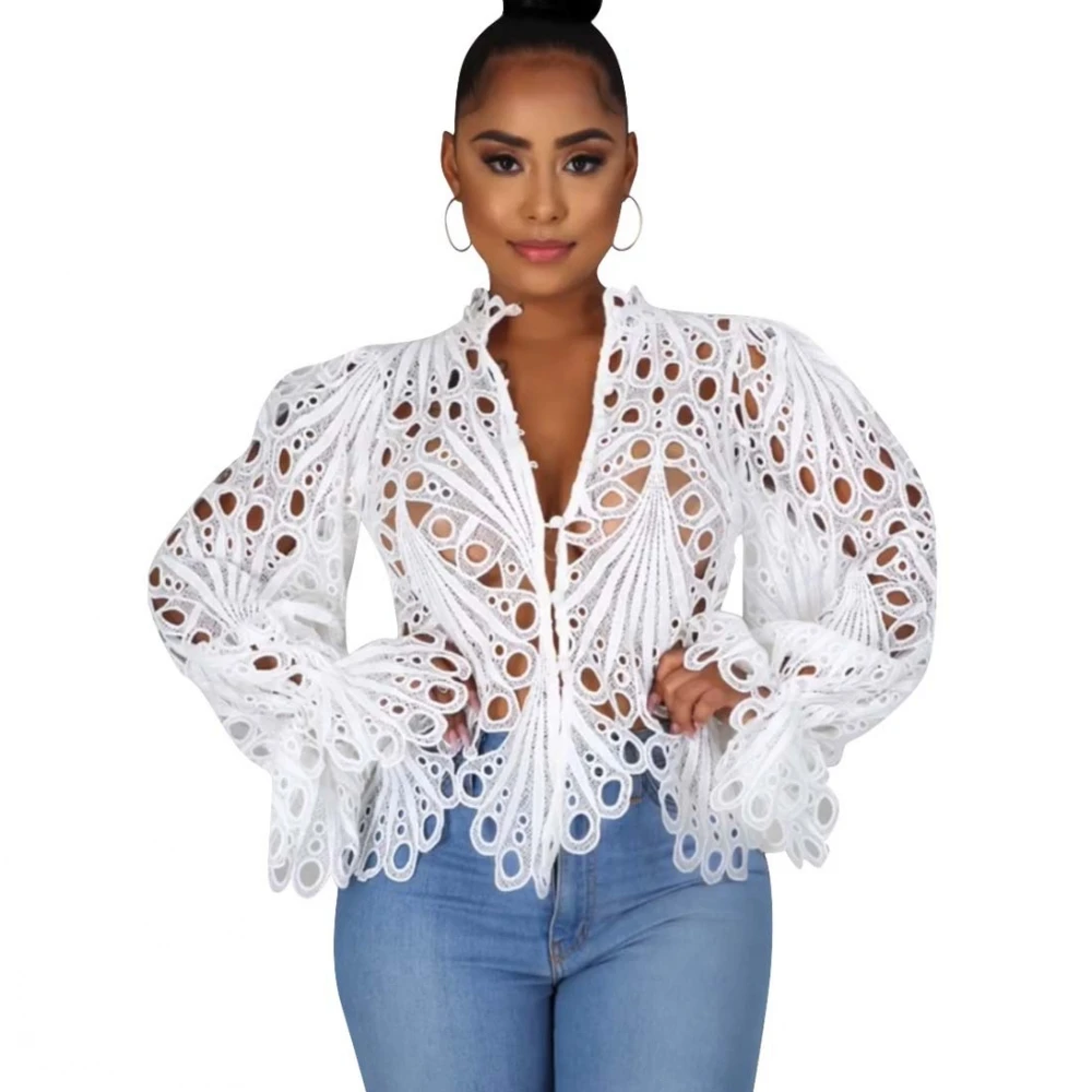 2023 New Elegant Long Sleeve Hollow Out Mesh Lace Shirt Sheer See Through Top Blouse Clothing Dashiki African Shirts For Women