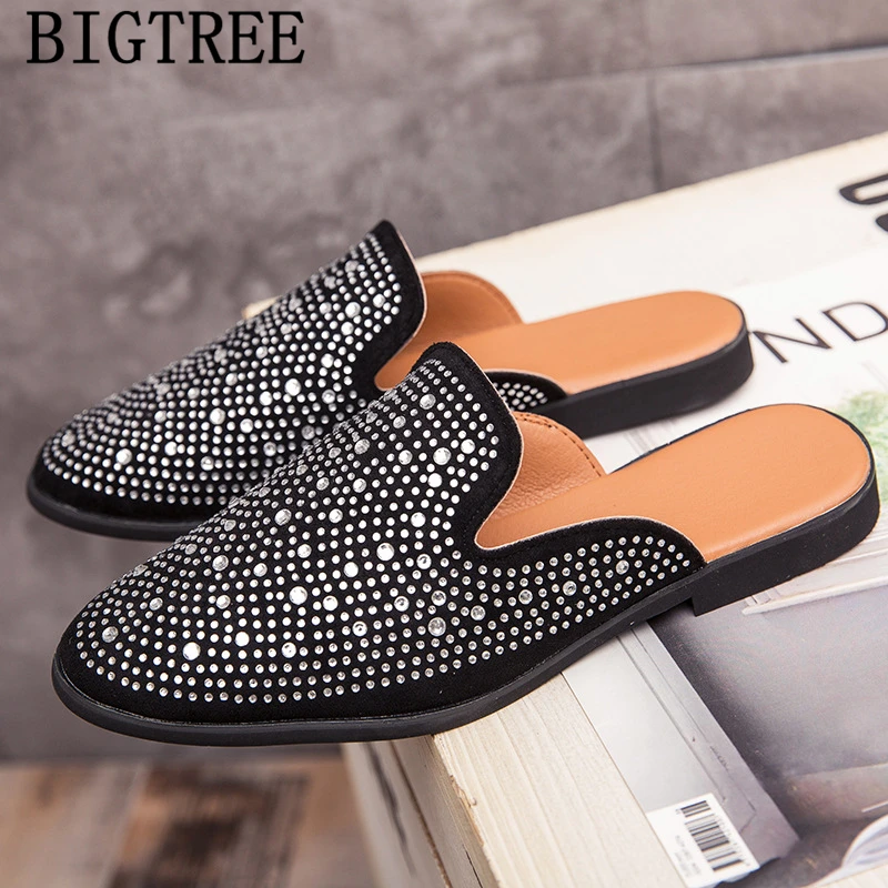 Rhinestone Mule Masculino Mens Casual Shoes Hot Sale Moccasins Men Black Shoes Sepatu Slip On Pria Sapato Masculino Social Couro