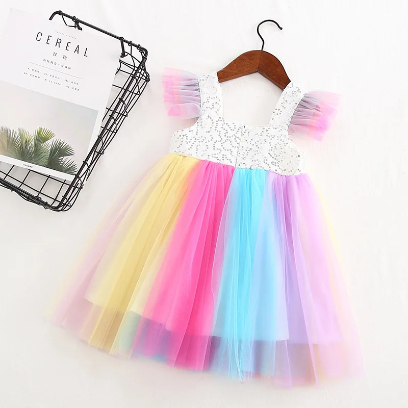 Summer Baby Kids Girls Rainbow Unicorn Dress Birthday Tulle Fashion Princess Dress Fleap Sleeves Tulle Princess Wear Summer