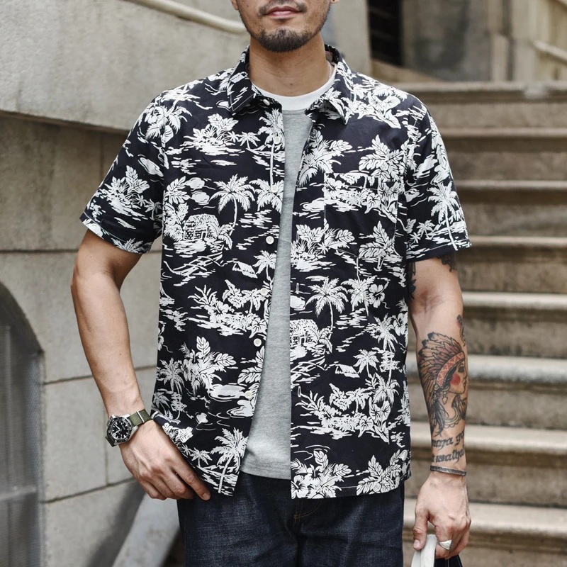 Saucezhan mens shirts men summer shirts Short sleeve Printed shirt Hawaiian shirt Pure cotton Comfortable and breathable
