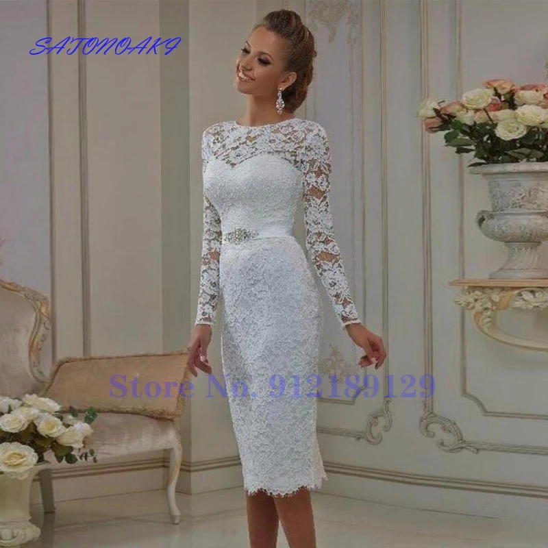 Abiti da sposa abiti da sposa corti in pizzo Vintage maniche lunghe lunghezza tè guaina collo alto gioiello abiti da sposa Robe De Mariée