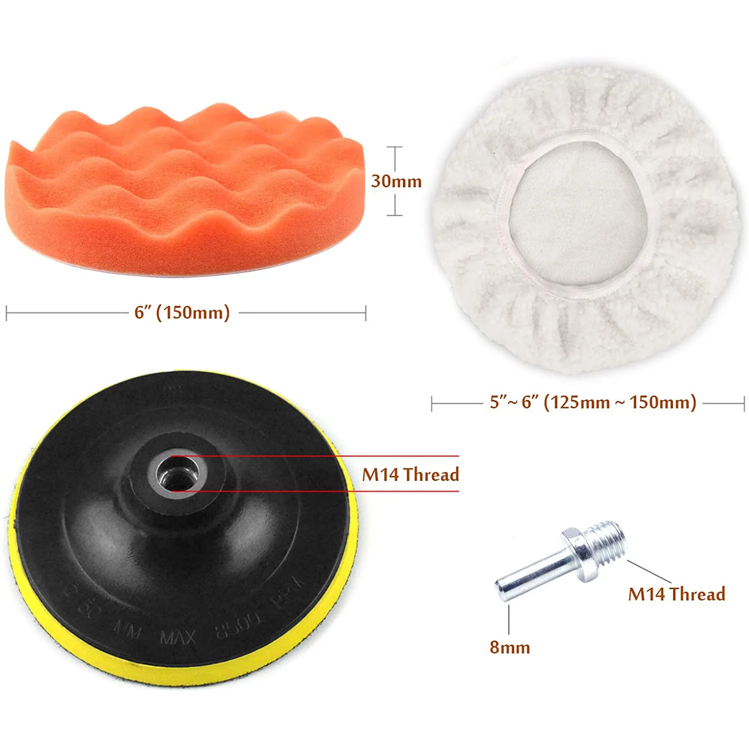 11PCS 6 pollici Kit di spugne per lucidatura e lucidatura auto cuscinetti per cofano in lana con adattatore per trapano M14 da 8mm per lavaggio auto pulizia ceretta