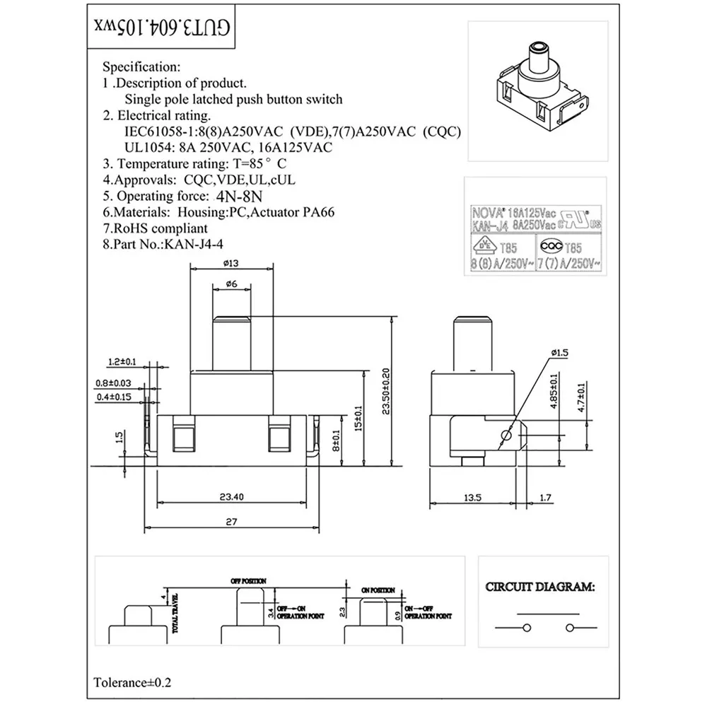 交換スイッチKAN-J4 2ピンプッシュボタンスイッチ16A125V/ 8A250V 4N-8N