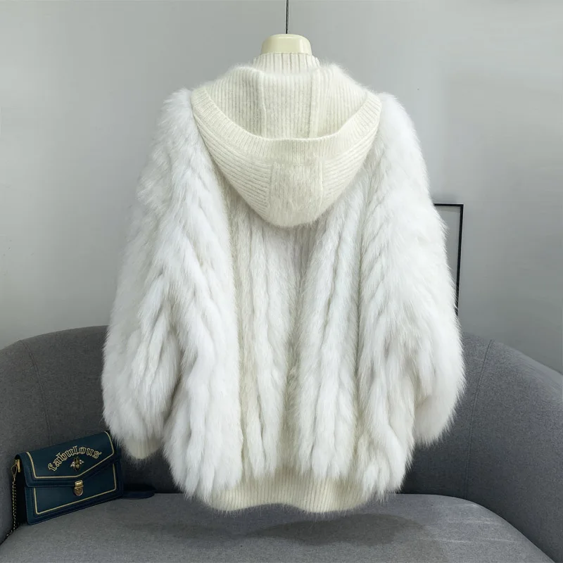 Knitted Hood Real Fox Fur Coats Women Fashion Fur Jacket 2024 Women Genuine Fox Fur Coat for Winter Fur Stripe Sewed Together