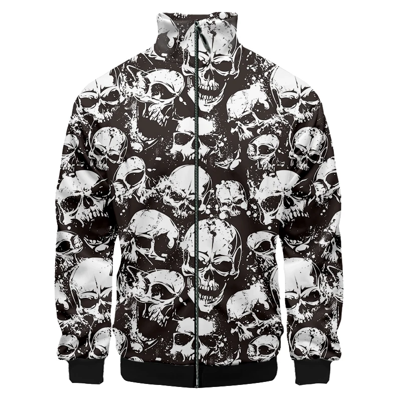 

UJWI Spring winter New Man Casual Harajuku Big Size 6XL 3D Printed Personality skull Pattern Colorful skulls Zip Jacket black