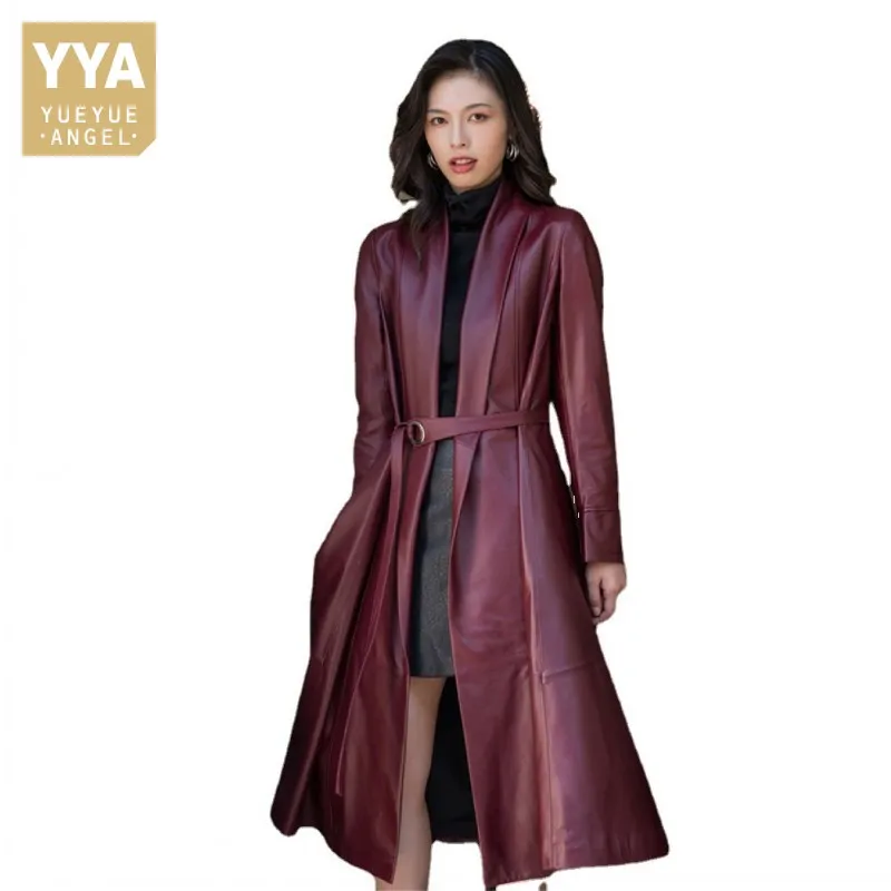 Elegant Women Long Sheepskin Genuine Leather Jacket Belted Slim Fit Trench Coat Ladies Vintage Windbreaker Real Leather Jackets