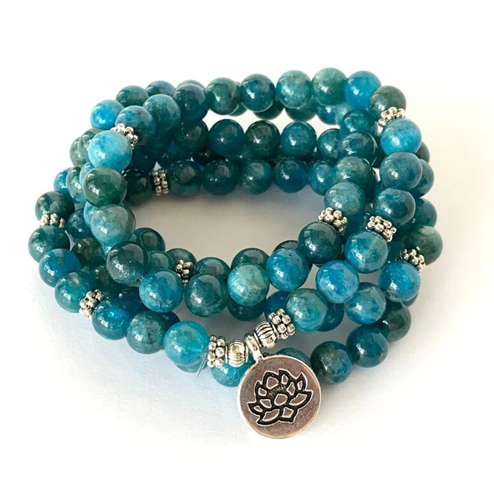 

MG1363 New Design AAA Grade Blue Apatite 108 Mala Bracelet Lotus Charm Necklace Women`s Spiritual Balance Mala Beads Jewelry