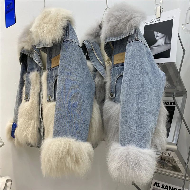 Denim Jas Parka 90% Witte Eendendons Gevuld Winter Dikke Warme Vrouwen Parka Echte Vos Bontjas