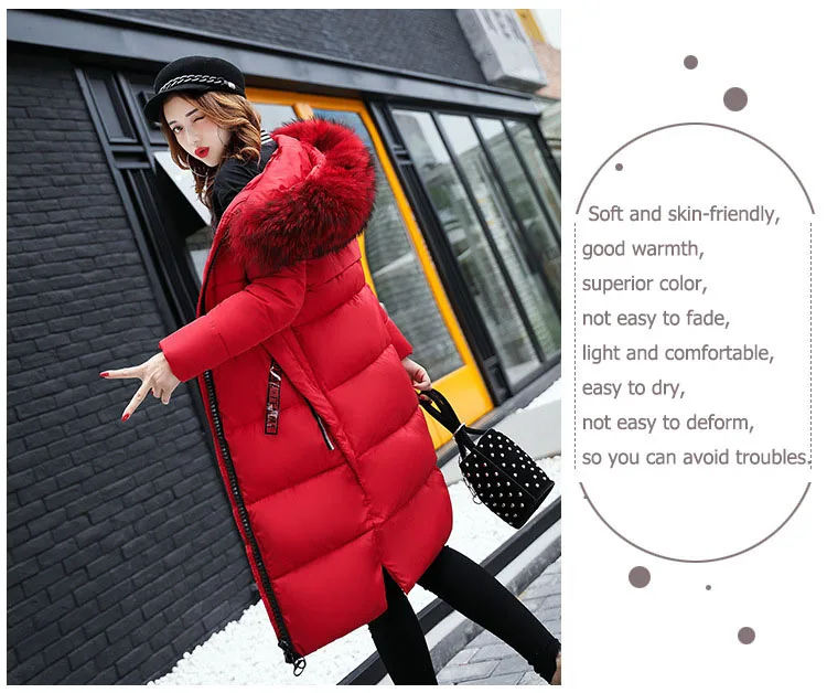 2025 Women's Down Parkas Winter Jacket Big Fur Collar Thick Slim Coat Fashion Hooded Cotton Outerwear Long Winter Woman Coat