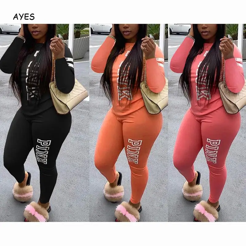 2022  Women Two Piece Set Pink Letter Print Tracksuits Spring Street t-shirt Tops and Jogger Set Suits Casual 2pcs Outfits