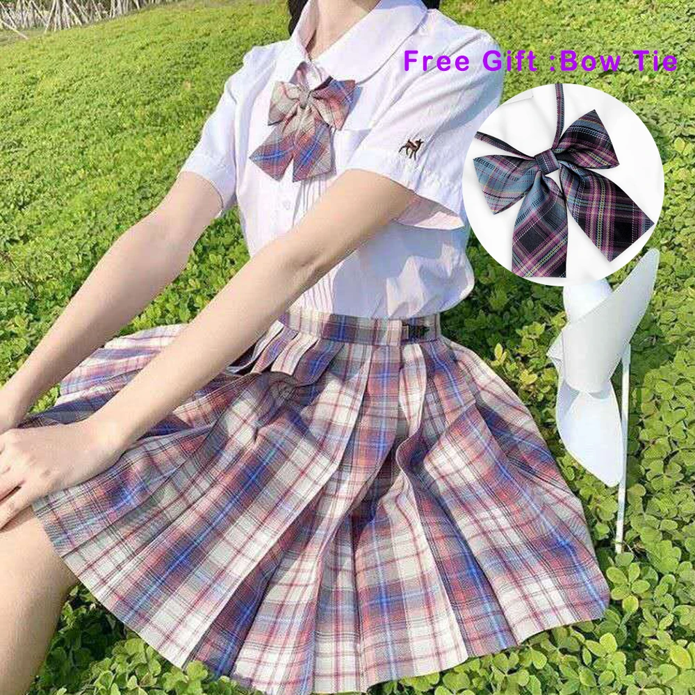 Pleated Harajuku Preppy Style Summer Women Skirt Plaid Kawaii Y2K High Waist Dance Bow Skirt Mini Cute Japanese School Uniforms