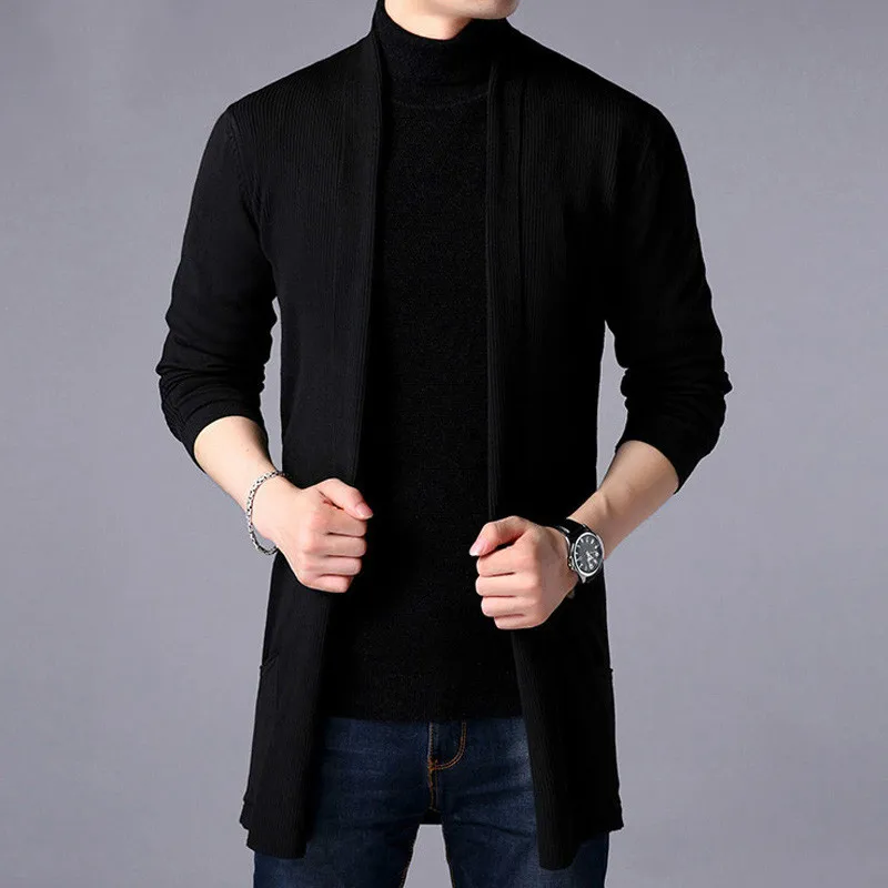 Casacos longos e finos de suéter masculino, jaquetas monocromáticas de malha, suéteres masculinos casuais, outwear cardigan, moda, outono, 2024