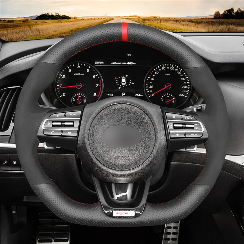 Black Suede Leather Red marker Car Steering Wheel Cover For Kia Stinger 2017 2018 2019 2020