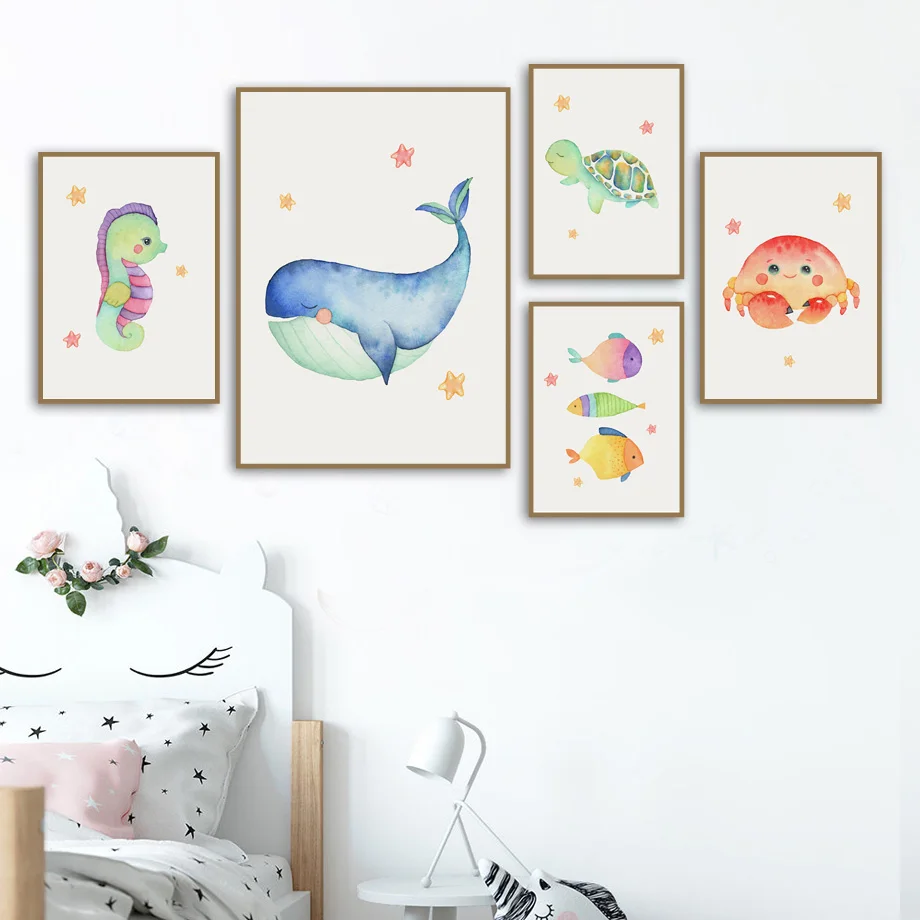 Wal Schildkröte Krabbe Fisch Kindergarten Wand Kunst Leinwand Malerei Cartoon Nordic Poster Und Drucke Wand Bilder Mädchen Junge Kinder Zimmer Dekor