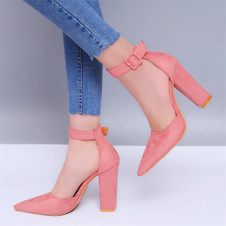 Ankle Belt Buckle Sexy Women Sandals Thick Heel Summer Shoes Pink Black Flock Pointed Toe Female High Heels Party Wedding Pumps