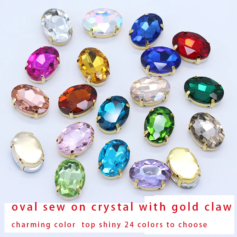 24Colors Many Sizes Stitch Sew On Oval Gold Claw Rhinestone For Crystal Jewelry Sewing Needlework Clothing Bags Trim Diy Crafts