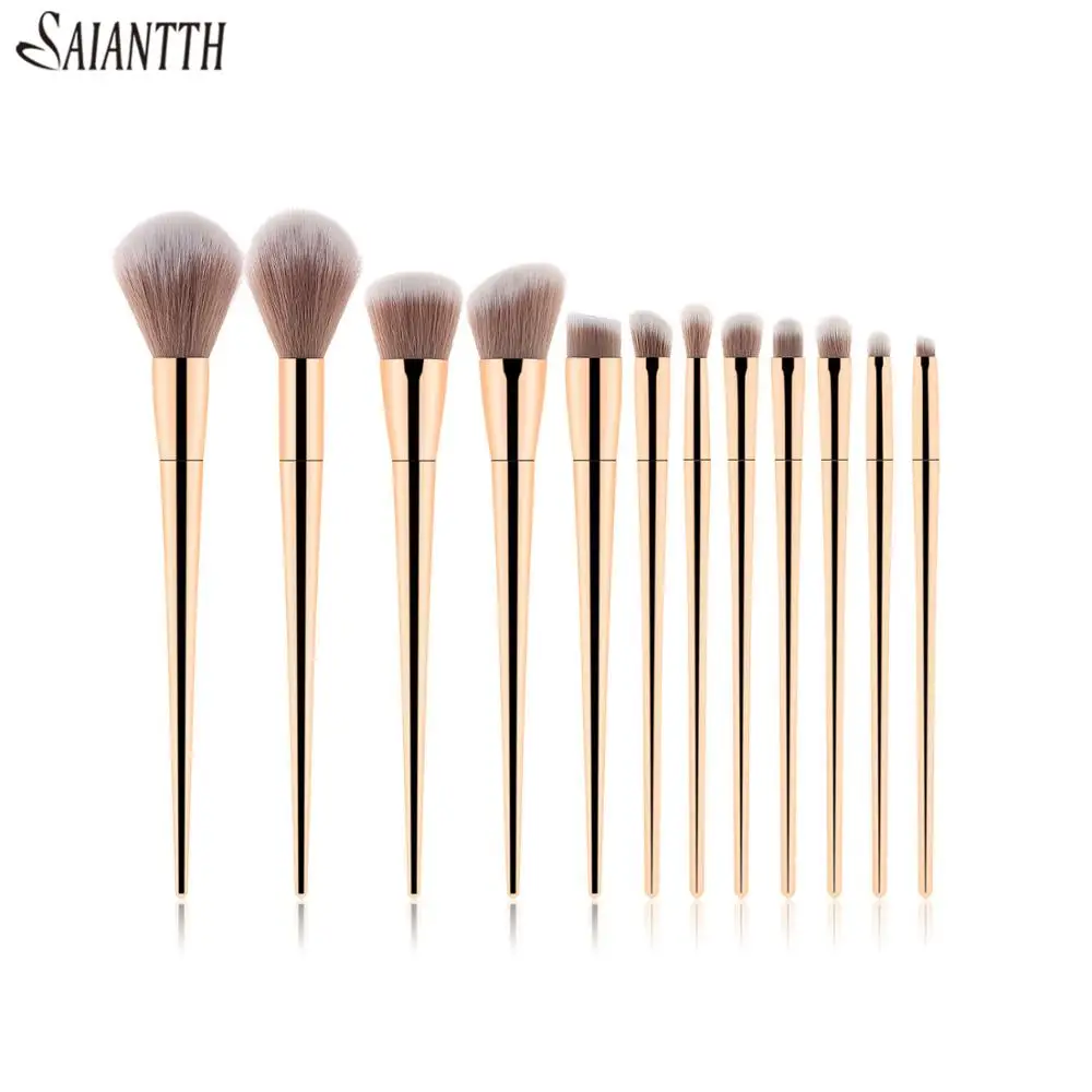 

SAIANTTH 7pcs 12pcs gold metal makeup brushes set professional cosmetic tool goat hair long foundation blush eyeshadow eyebrow