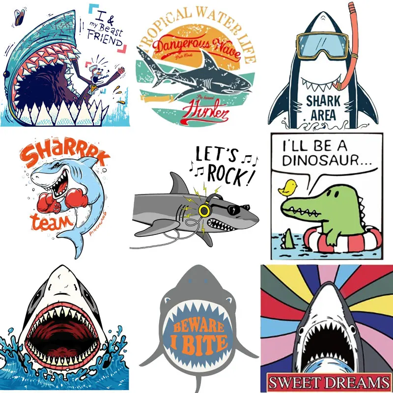 Iron on Patches Big Animal Shark Top Clothing Application Thermo Transfer for Clothes Decor Stripes T-shirt Badges Stripes Tops