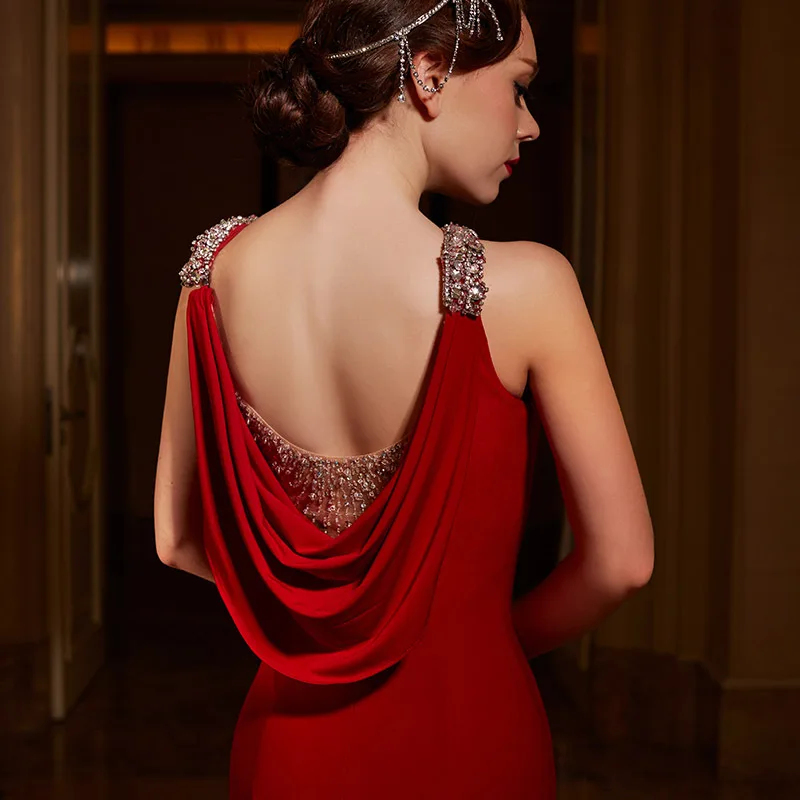 Robe de soirée sirène longue rouge, sexy, dos nu, avec perles en cristal, robes formelles élégantes pour mère de la mariée, nouvelle collection 2020