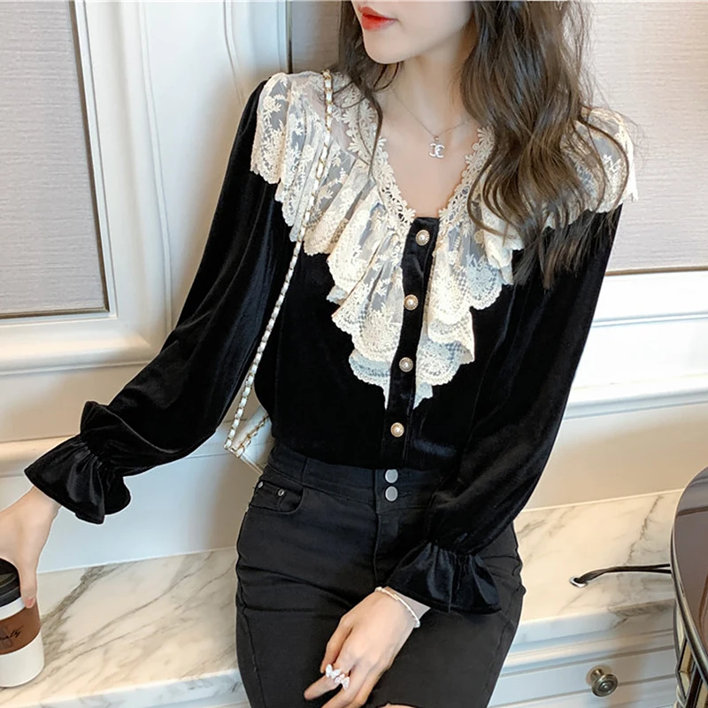 Vintage Black Velvet Blouse Women Spring Autumn Korean Ruffles Lace Patchwork Shirts Women Blouses Casual Tops blusas mujer