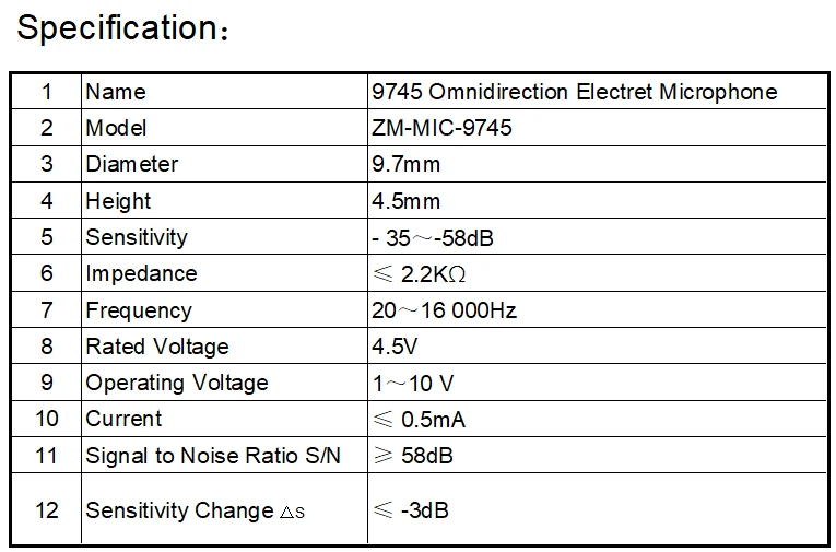 9745 Diameter 9,7 mm X Hoogte 4,5 mm Omnidirectionele electret-microfoon MICROFOON