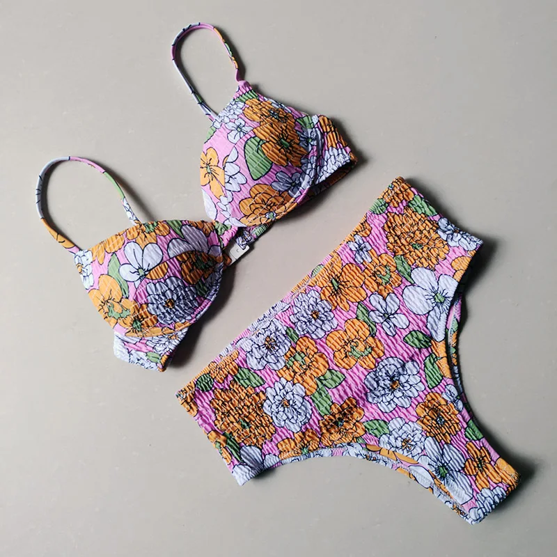 

Sexy Underwired Push Up Bikini Set Women Printed Triangle Brazilian Bikinis Swimwear Ruched High Waist Bathing Suits Beach Wear