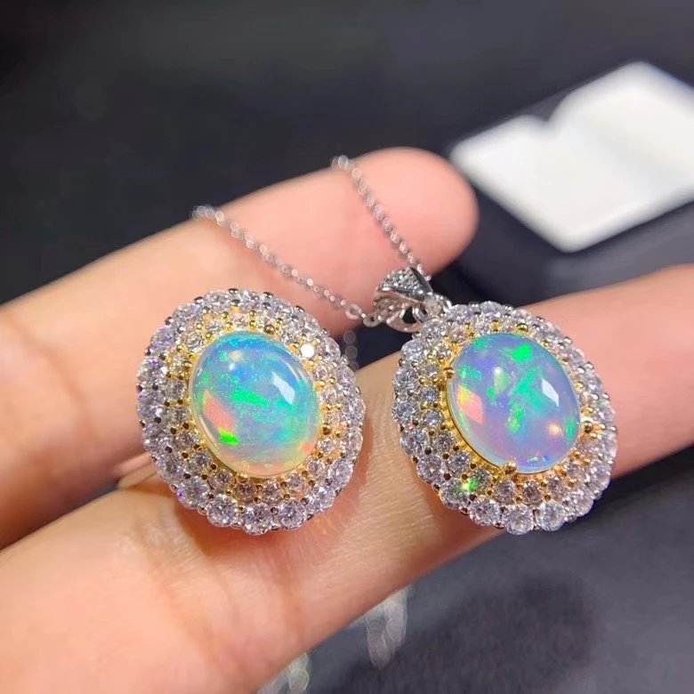 8x10mm size natural  Opal ring and necklace jewelry set for women real 925 silver supply test certificate party gift fireworks