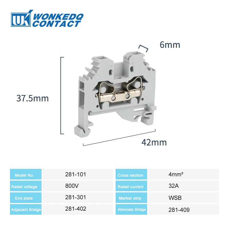 10Pcs 281-101 Spring-Cage Connection Mount 2-Conductor 281 101 Plug 4 mm² Clamp Wire Connector Din Rail Terminal Block