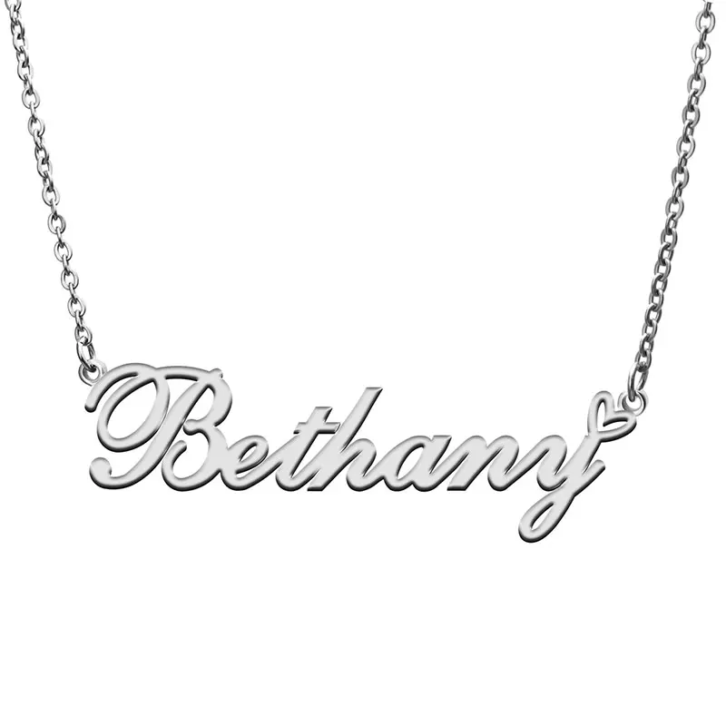 Bethany with Love Heart Name Necklace for Women Stainless Steel Jewelry Nameplate Pendant Femme Mother Child Girls Gift