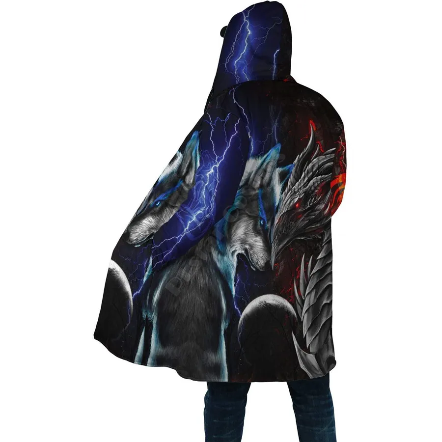 Winter Men For Women Hooded Cloak Dragon&Wolf 3D All Over Prined Fleece wind breaker Warm Hood cloak