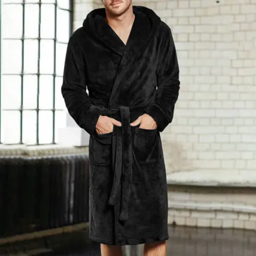 Men\'s Fall Long Sleepwear Flannel Robes Shawl Collar Fleece Bathrobe Spa Pajamas