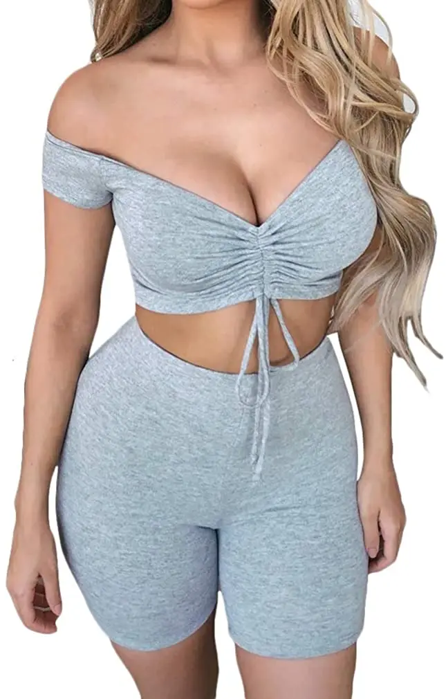 Women's 2 Pieces Outfits Off Shoulder Drawstring Crop Tops Clubwear Bodycon Shorts Pants Sets