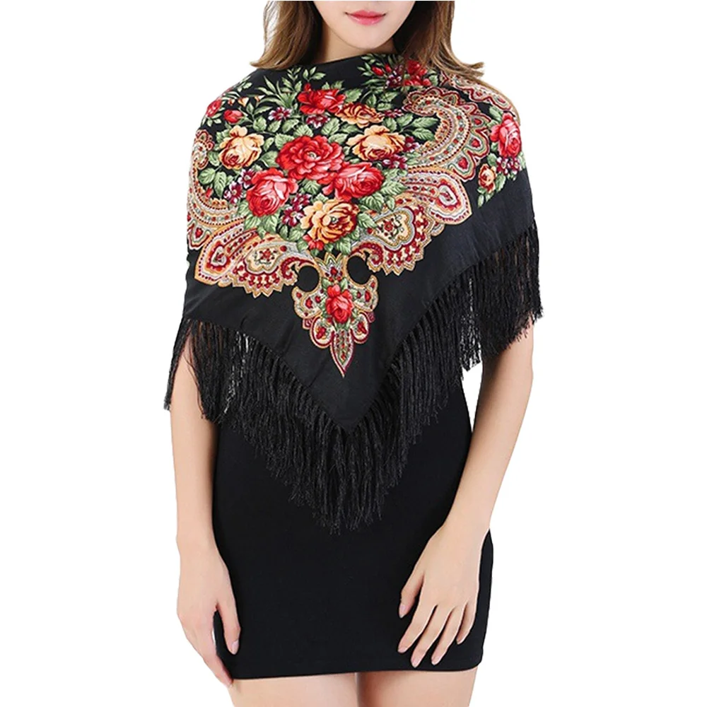 90cm*90cm Russian Brand Big Size Square Scarf Cotton Long Tassel Scarf Spring Winter Shawl Women Floural Pashmina Cape
