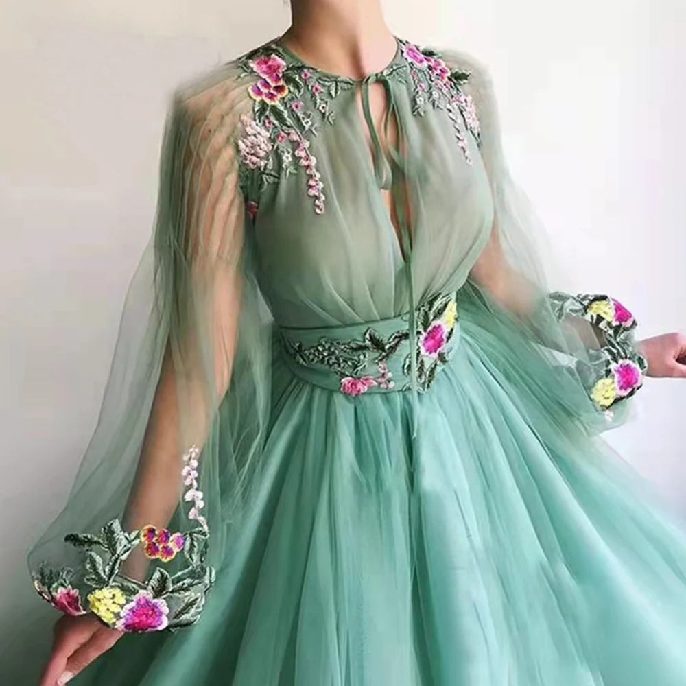 Elegante vestido De noche De tul verde claro para mujer, mangas largas, apliques coloridos, estilo árabe De Dubái, vestido De fiesta