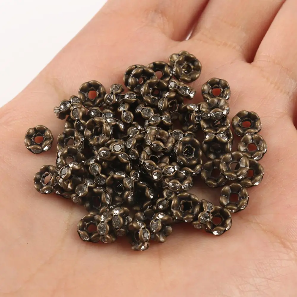 50pcs Bronze Wave Side Metal Rhinestone Rondelle Austiran Crystal Big Hole Loose Spacer Beads For Jewelry Making DIY Supplies