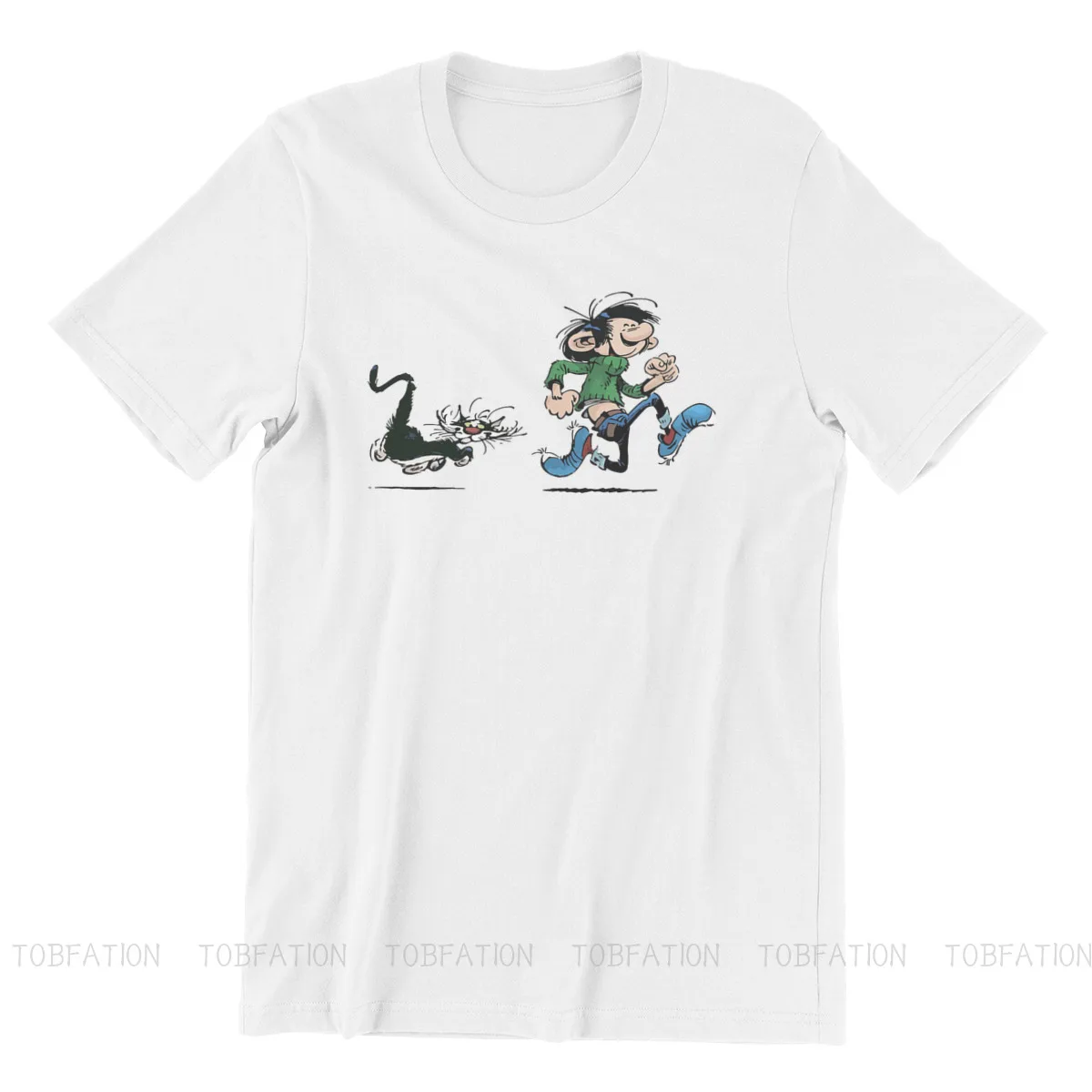 Running With Cat Graphic TShirt Gaston Lagaffe Comics Style Streetwear Comfortable T Shirt Male Short Sleeve Special Gift Idea