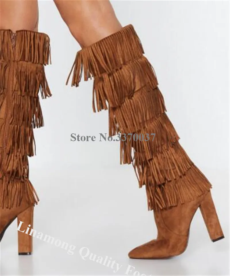 Linamong Charming Pointed Toe Suede Leather Knee High Chunky Heel Tassels Boots Sexy Fringes Long Thick Heel Boots Dress Heels