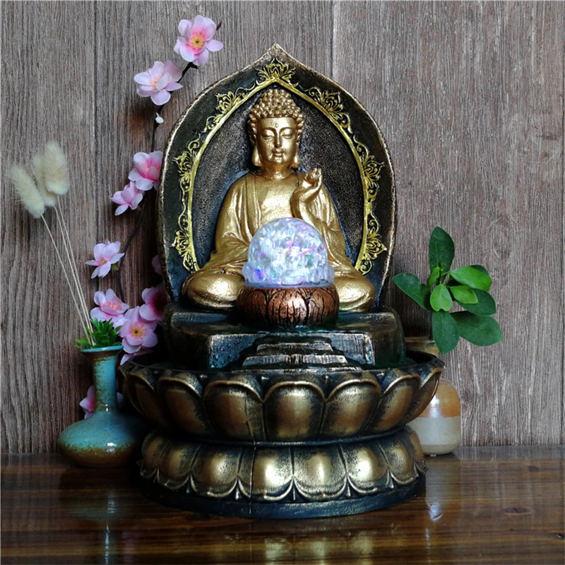 Resin Lotus Base Buddha Statue Waterscape Lucky Feng Shui Ornament Indoor Led Water Fountain Desktop Furnishings Air Humidifier