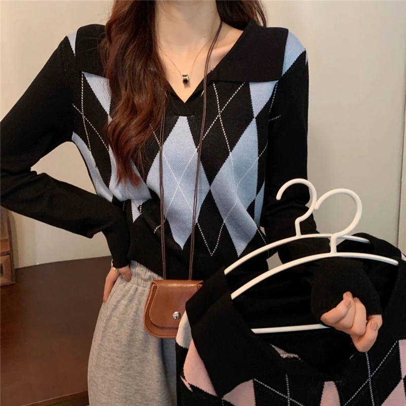 Ladies Sweaters Autumn Winter New Plaid Long Sleeve Top Loose Turn-down Collar Sweater Women Knitted Pullover Pull Femme Fashion