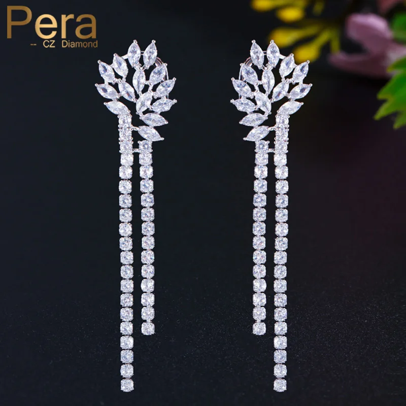 

Pera Fashion Shiny Crystal Silver Color Elegant Long Round CZ Tassel Drop Dangle Earrings for Bridal Wedding Party Jewelry E617