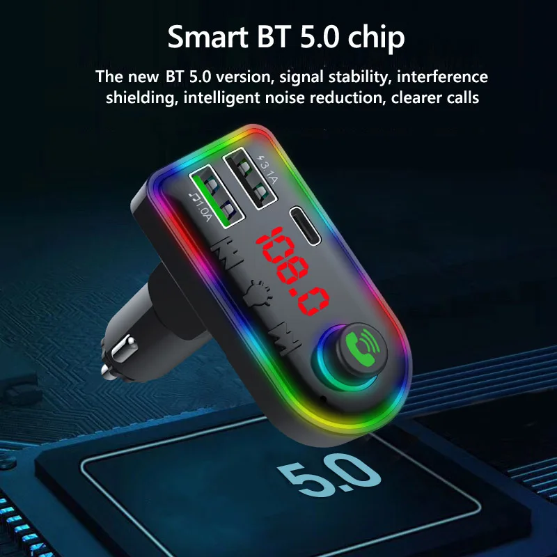 VR robot LED Backlit Car FM Transmitter Bluetooth 5.0 MP3 Audio TF/U Disk Player Handsfree Car Kit Adapter PD Type-c Fast Charge