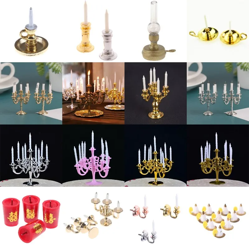 1:12 Scale Miniature Candlesticks Candelabra Dollhouse Candles Furniture Toy Pretend Play Doll House Decoration Accessories