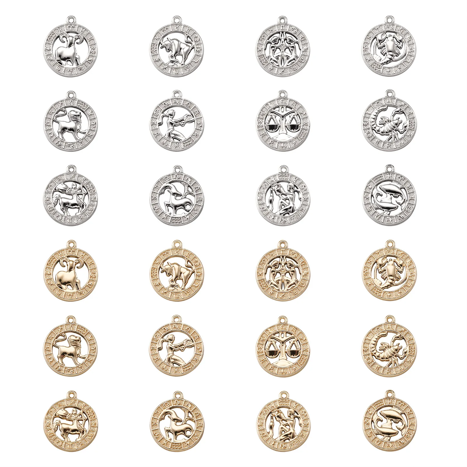 

24Pcs Twelve Constellation Zinc Alloy Jewelry Pendant Accessories Flat Round Bumpy Charms Mix Color Necklace DIY Jewelry Making