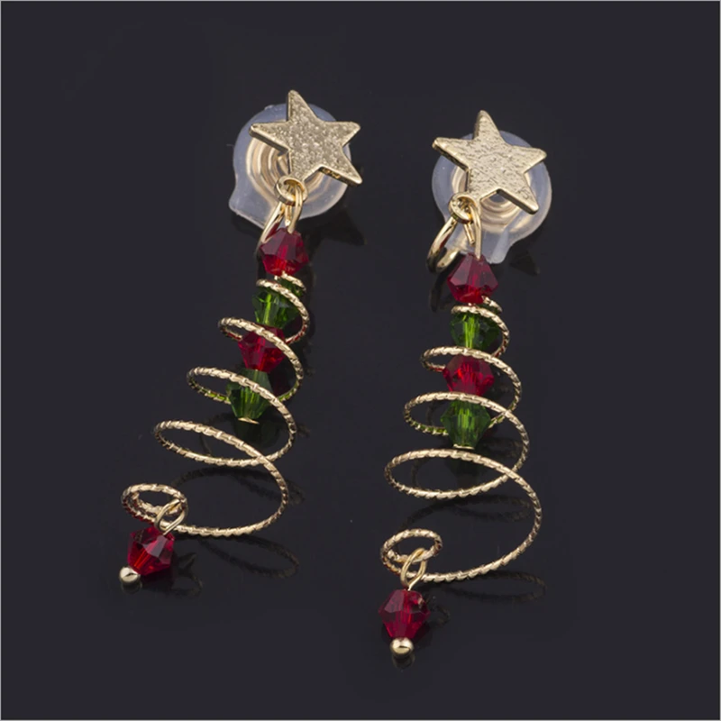 ER007 Koreaanse Kerstcadeau Kerstboom Spiraal Meisje Oorbel Vijfpuntige Ster Crystal Fashion Vrouwen Stud Clip Op Oorbel