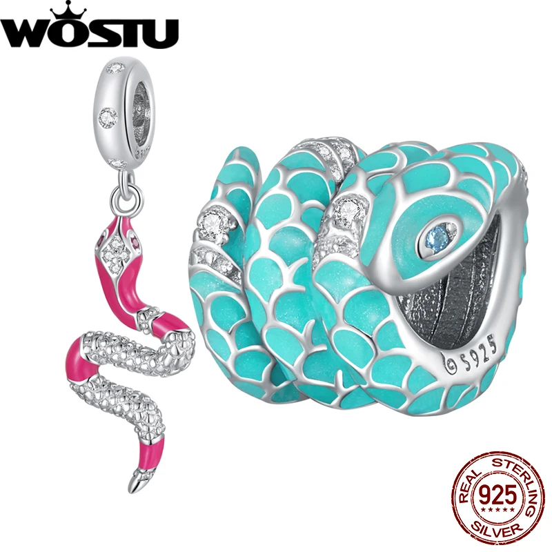 

WOSTU 925 Sterling Silver Luxury Gift Blue Red Snake Orignal Charm Beads Fit For Necklace DIY Bracelet Jewelry Making For Women