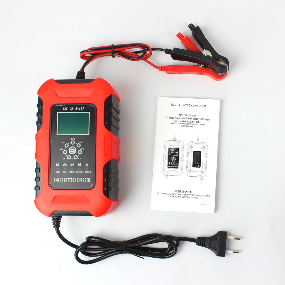 12V 24V 10A Automatic Smart Battery Charger, LiFePO4 Fast Battery Charger, Car Battery Charger for GEL WET AGM Battery