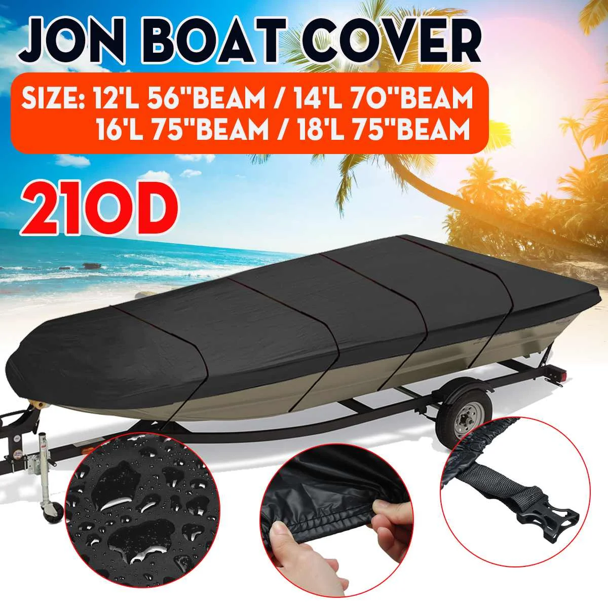 210D Waterproof Jon Boat Cover Winter Snow Cover Heavy Duty Marine Accessories Sunshade Dustproof Cover 12Ft/14Ft/16Ft/18Ft