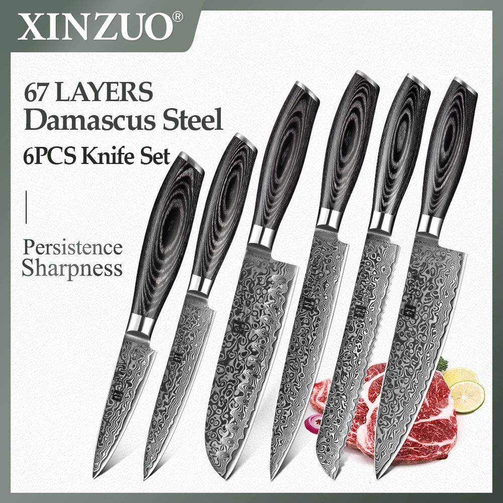 

XINZUO 6PCS Kitchen Knives Set 67 Layers High Carbon Japanese VG10 Damascus Steel Chef Santoku Utility Fruit Bread Slicer Knife