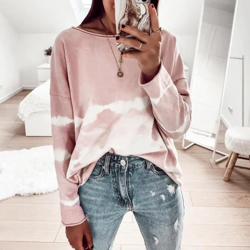 Pink Tie Dye Top Hoodie Autumn O Neck Women T-shirt Home Wear Clothing Woman High Quality New Fashion 2020